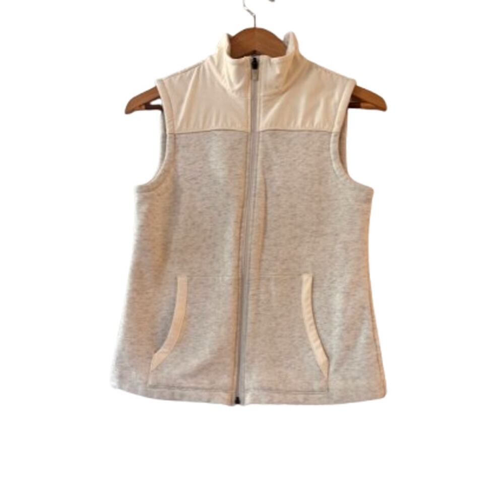 T by Talbots Womens Full Zip Vest Jacket XS Gray White High Neck Kangaroo Pocket